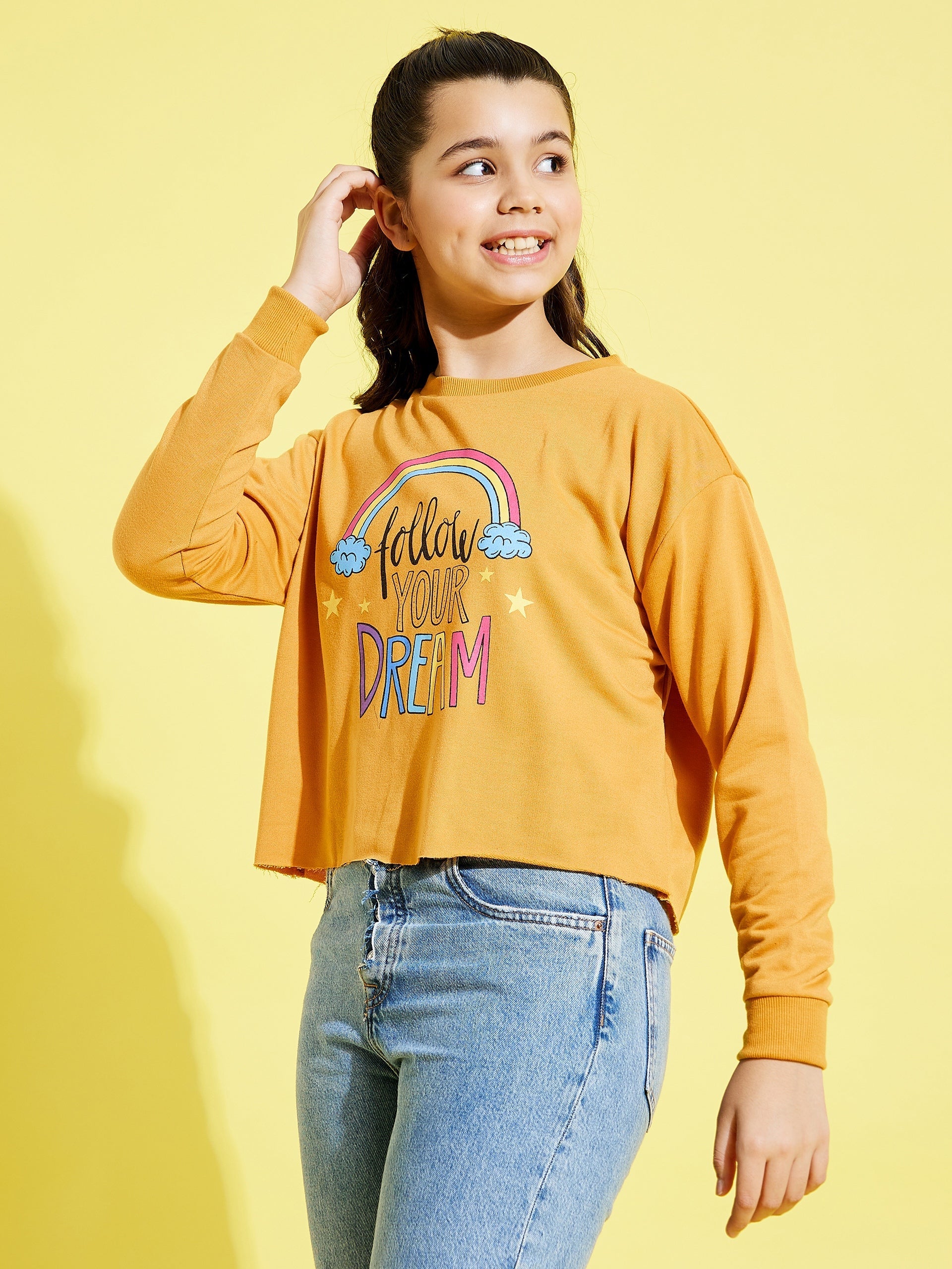 Girls Mustard Terry Follow Dream Crop Sweatshirt - Lyush Kids