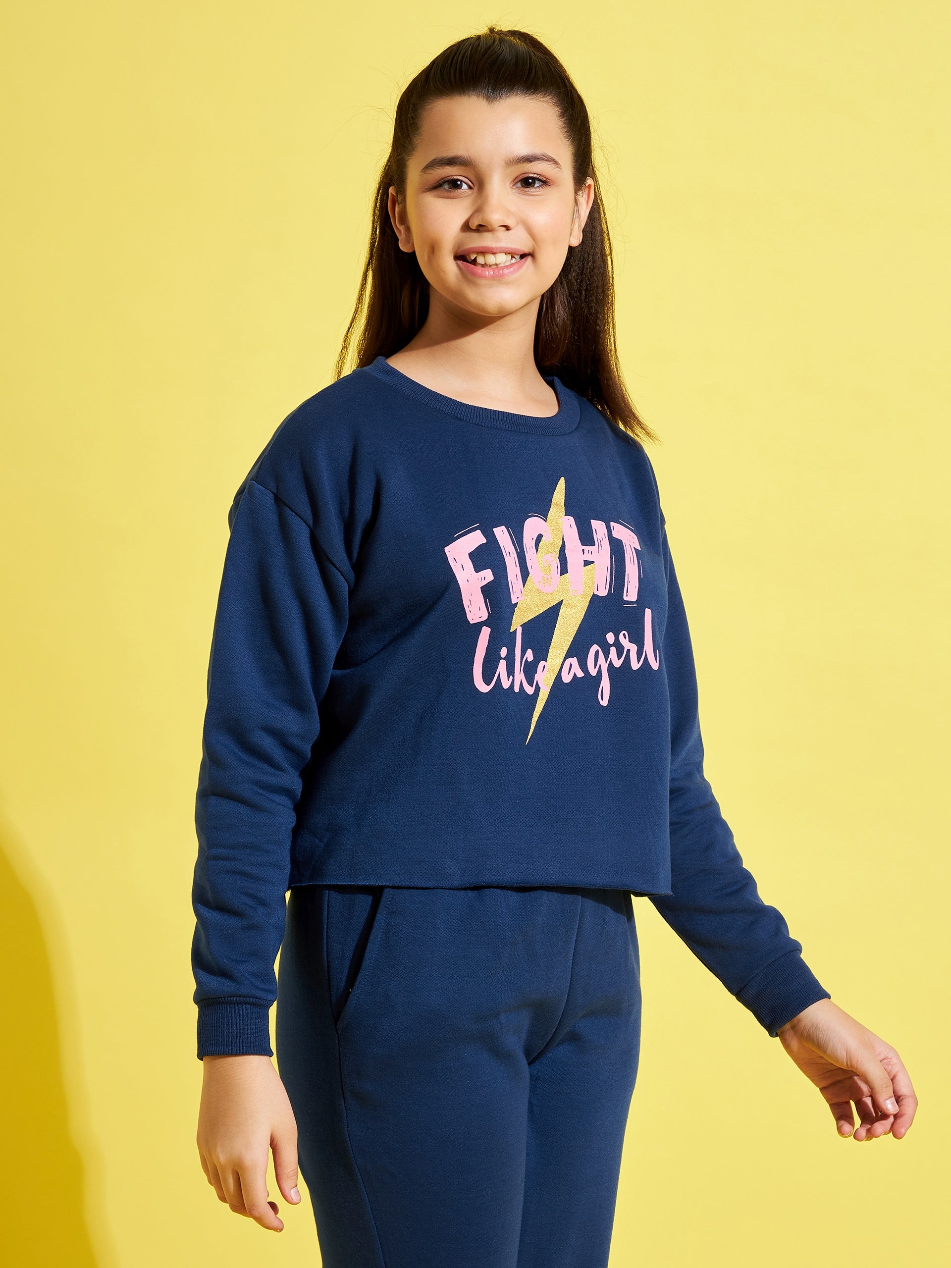 Girls Blue Fleece Fight Crop Sweatshirt - Lyush Kids