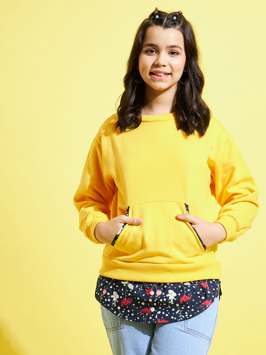 Girls Yellow Fleece Half Shirt Sweatshirt - Lyush Kids