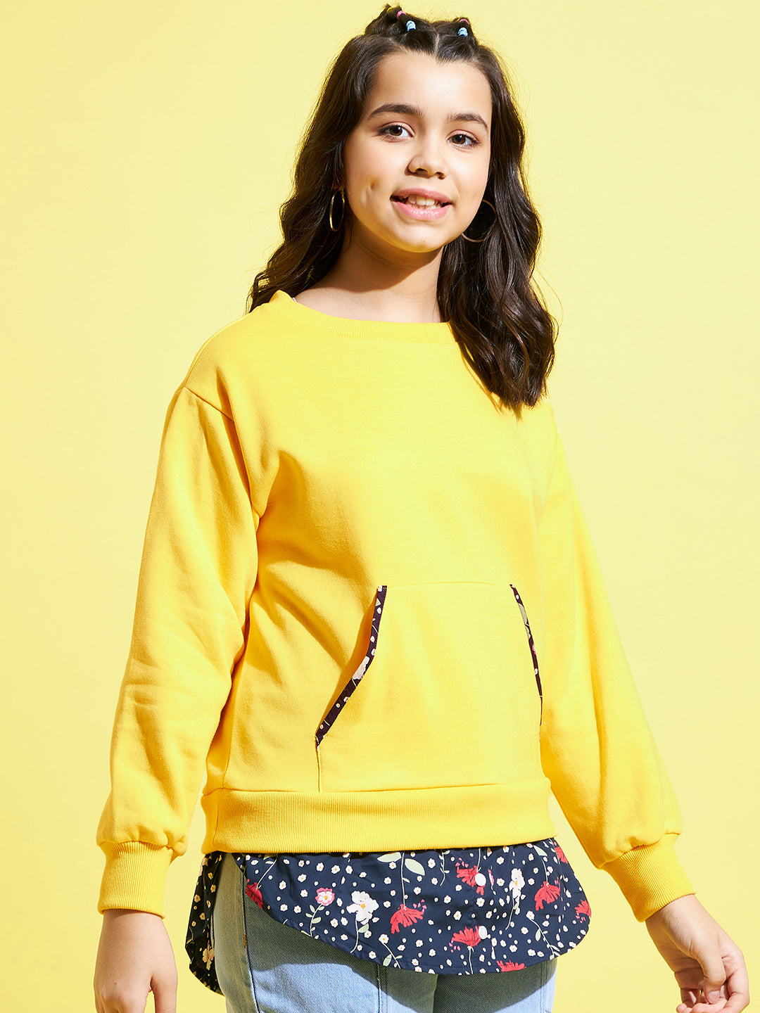 Girls Yellow Fleece Half Shirt Sweatshirt - Lyush Kids