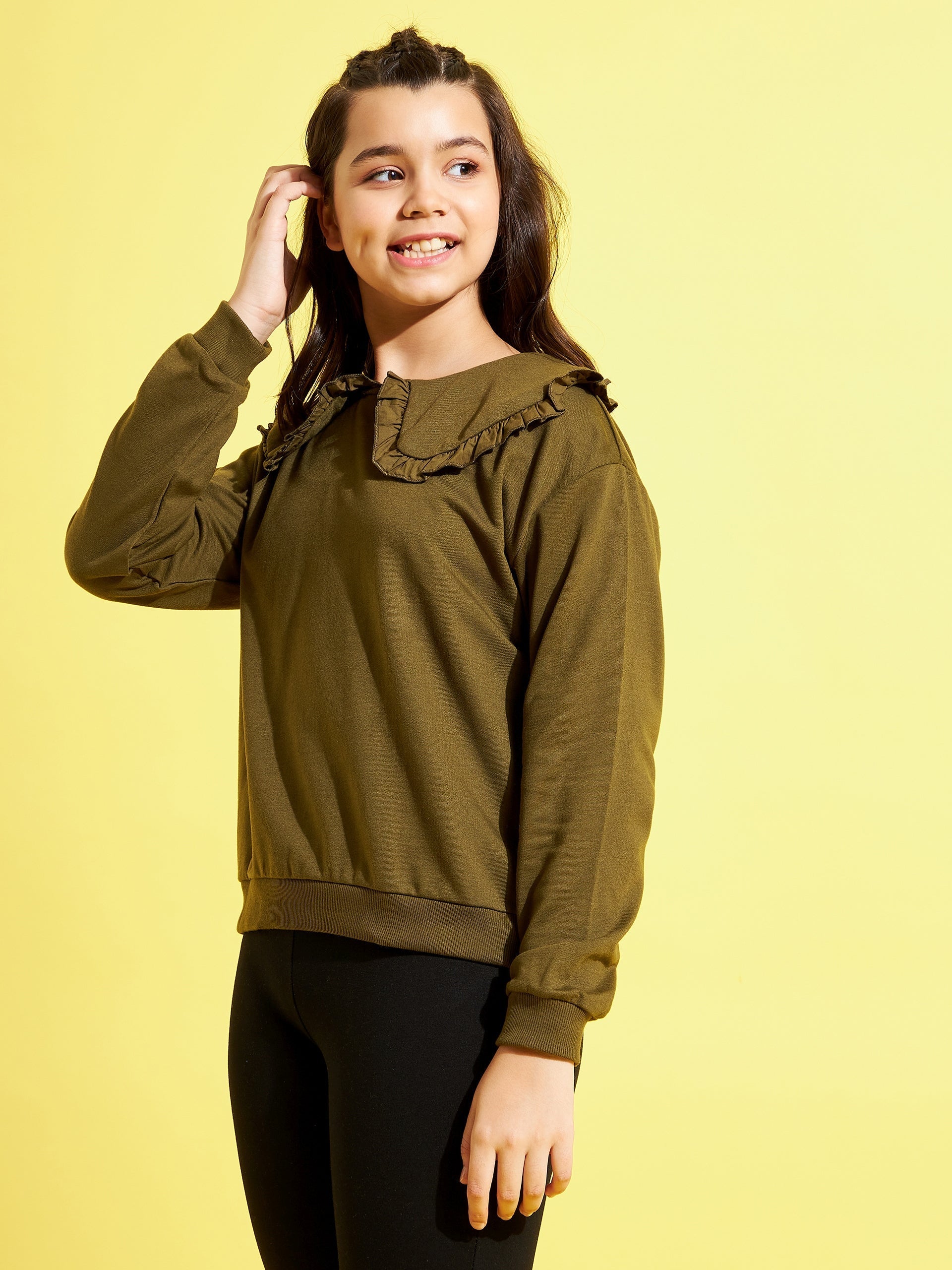 Girls Olive Terry Puritan Collar Sweatshirt - Lyush Kids