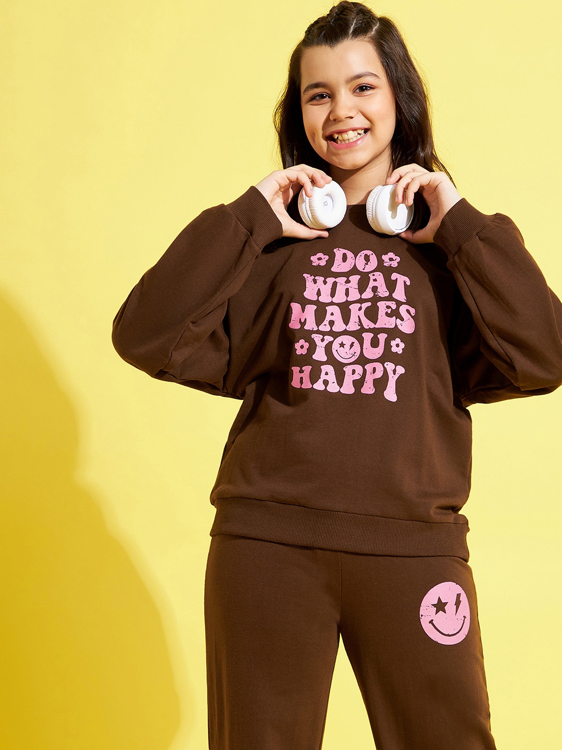 Girls Brown Happy Drop Shoulder Sweatshirt - Lyush Kids