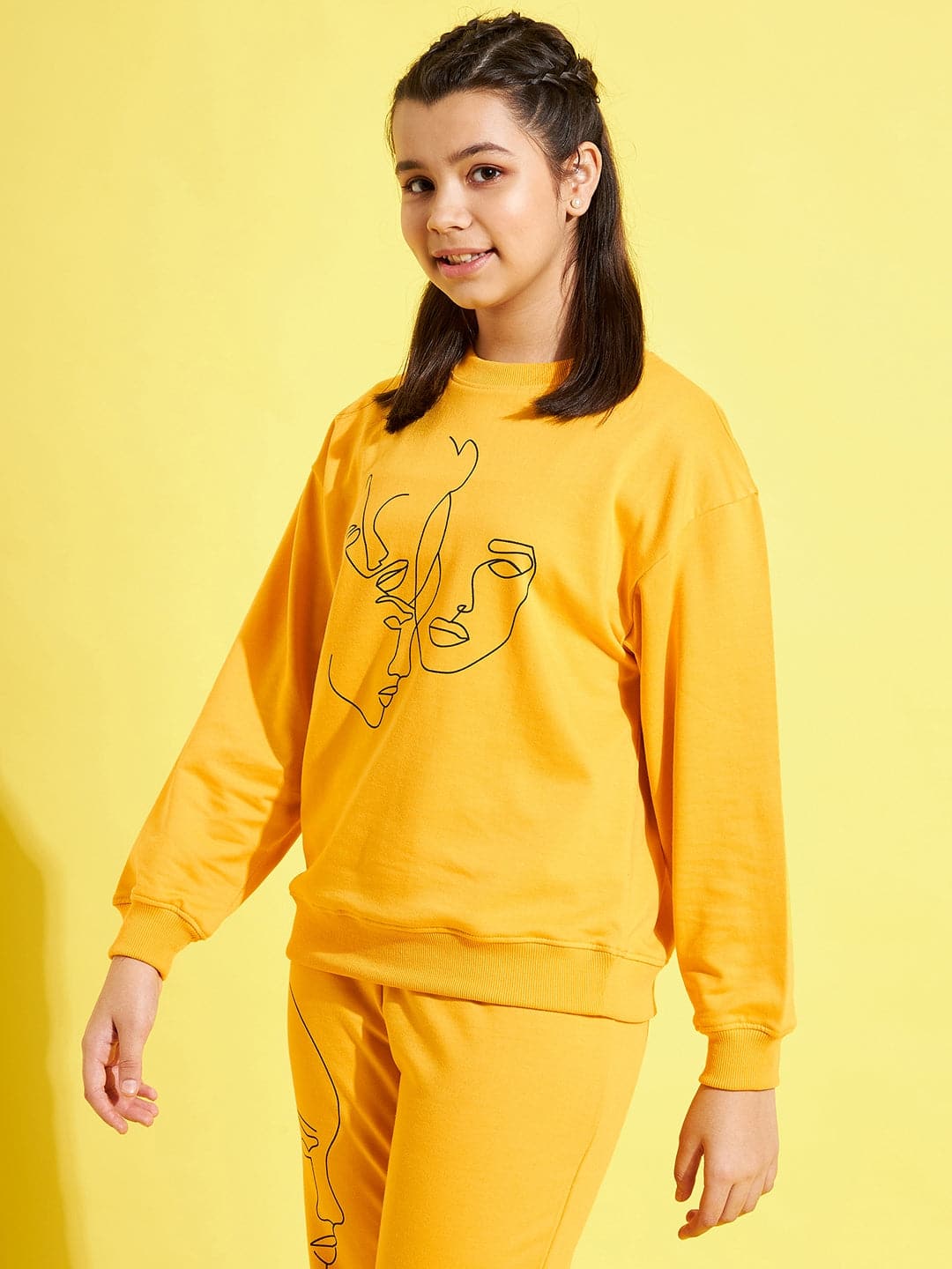 Girls Yellow Terry Face Print Drop Shoulder Sweatshirt - Lyush Kids
