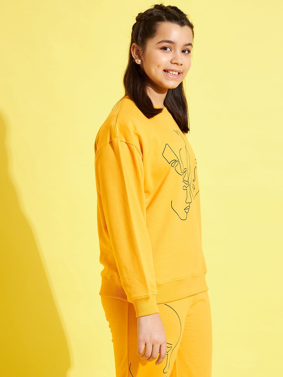 Girls Yellow Terry Face Print Drop Shoulder Sweatshirt - Lyush Kids