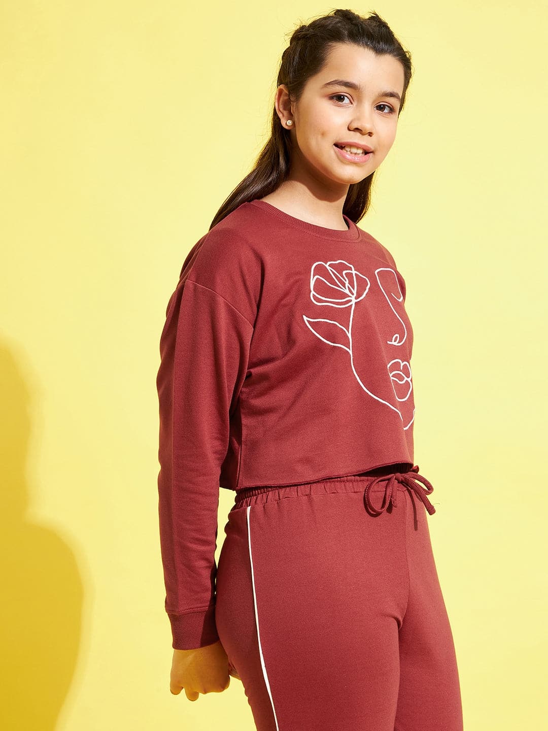 Girls Rust Terry Face Embroidery Crop Sweatshirt - Lyush Kids