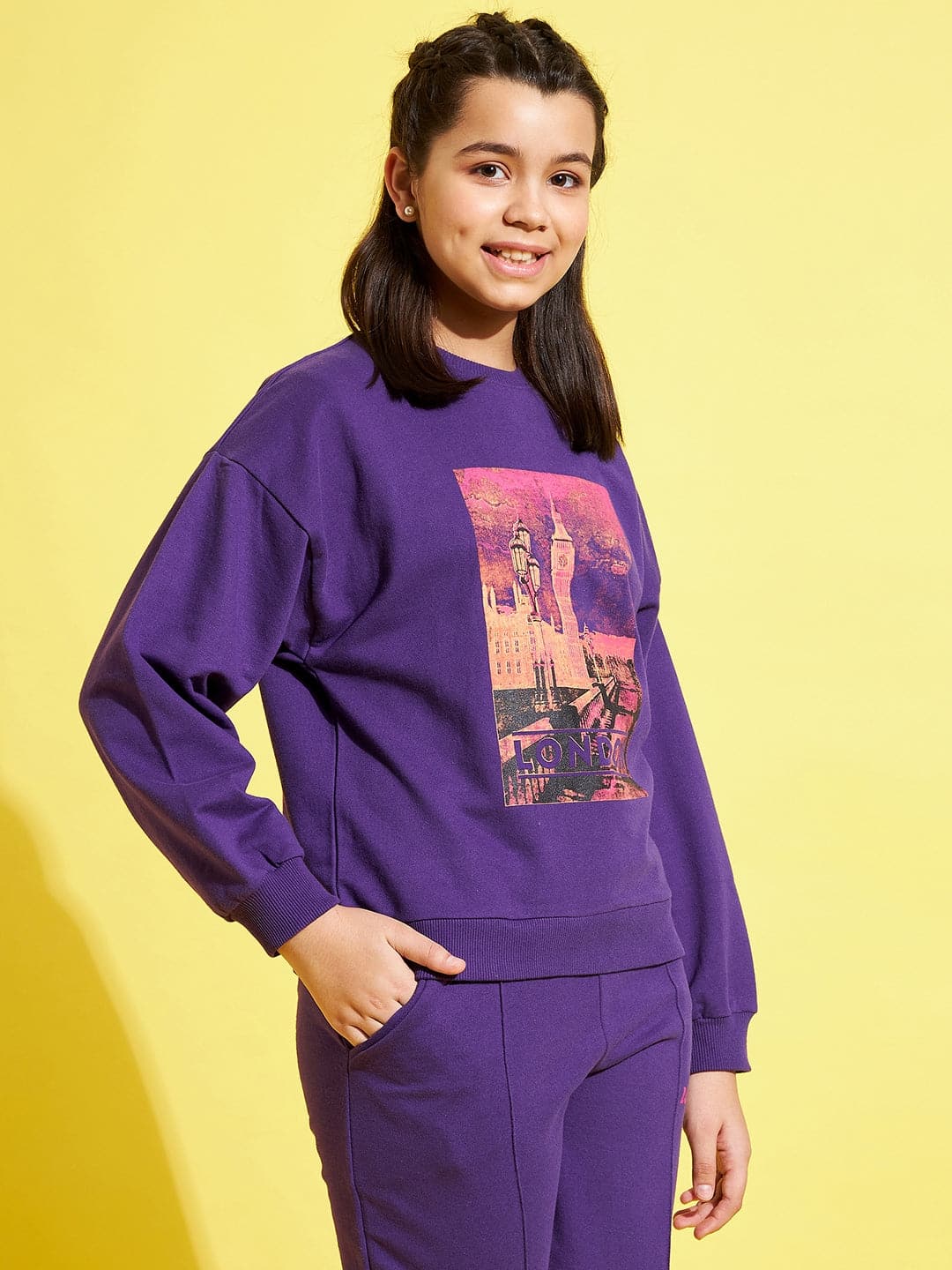 Girls Purple Terry London Drop Shoulder Sweatshirt - Lyush Kids