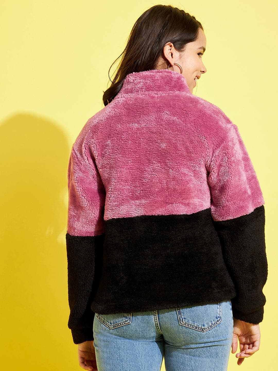 Girls Dark Pink & Black Colourblock Fur Sweatshirt - Lyush Kids