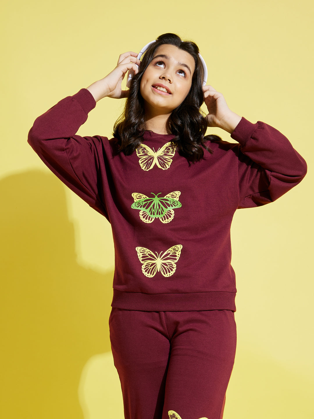 Girls Maroon Terry Butterfly Oversize Sweatshirt - Lyush Kids