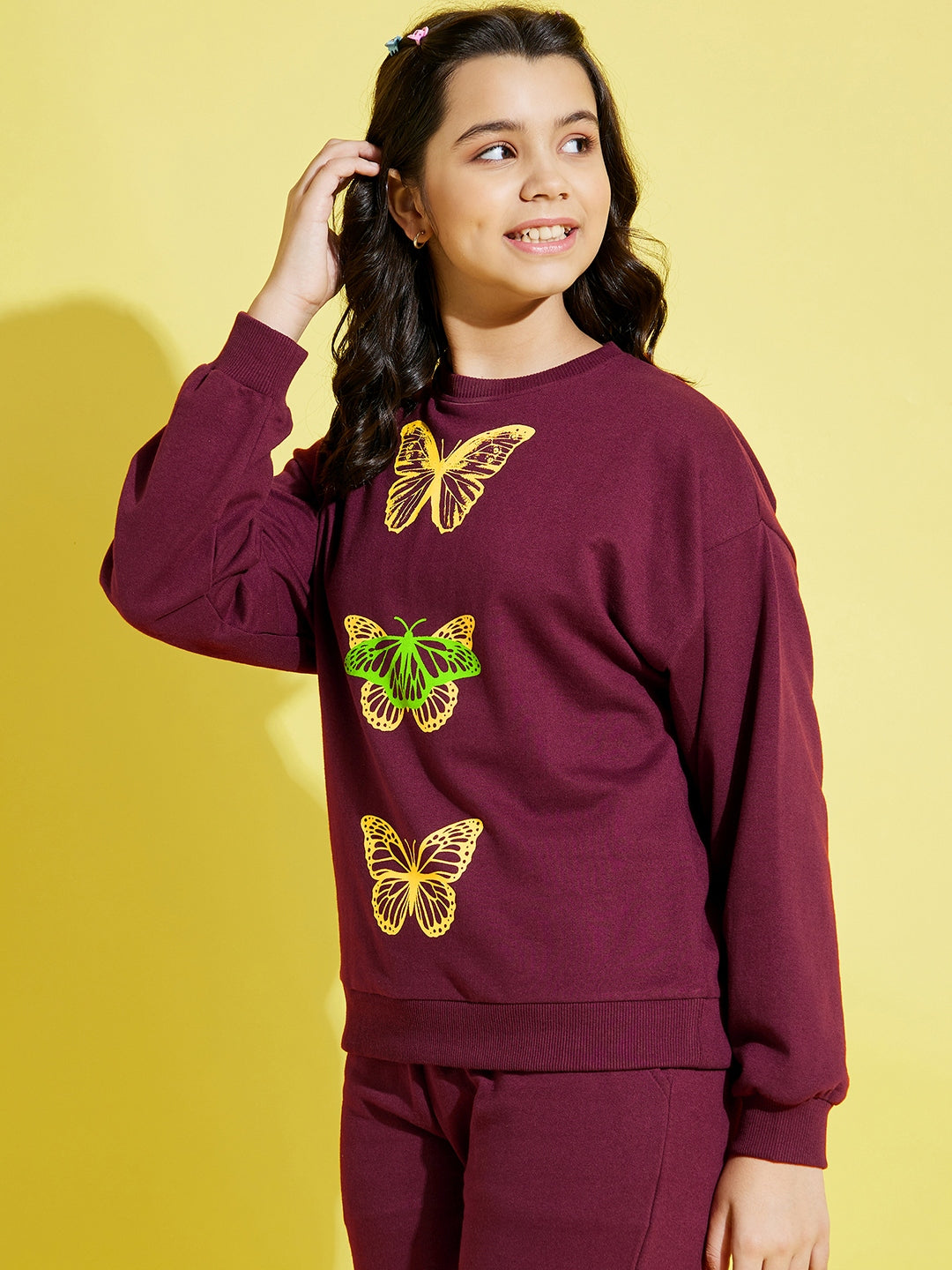 Girls Maroon Terry Butterfly Oversize Sweatshirt - Lyush Kids