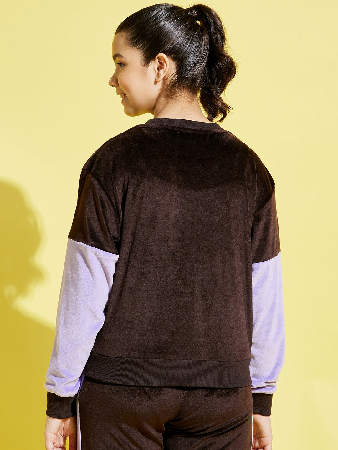 Girls Brown & Lavender Velour Drop Shoulder Oversize Sweatshirt - Lyush Kids