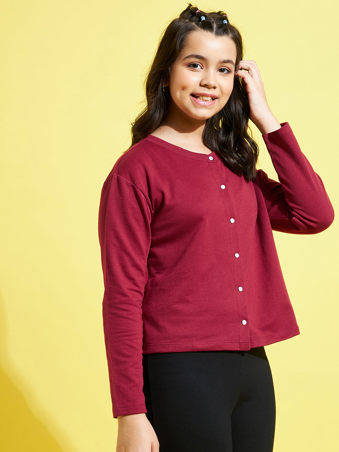 Girls Maroon Terry Front Button Boxy Top - Lyush Kids