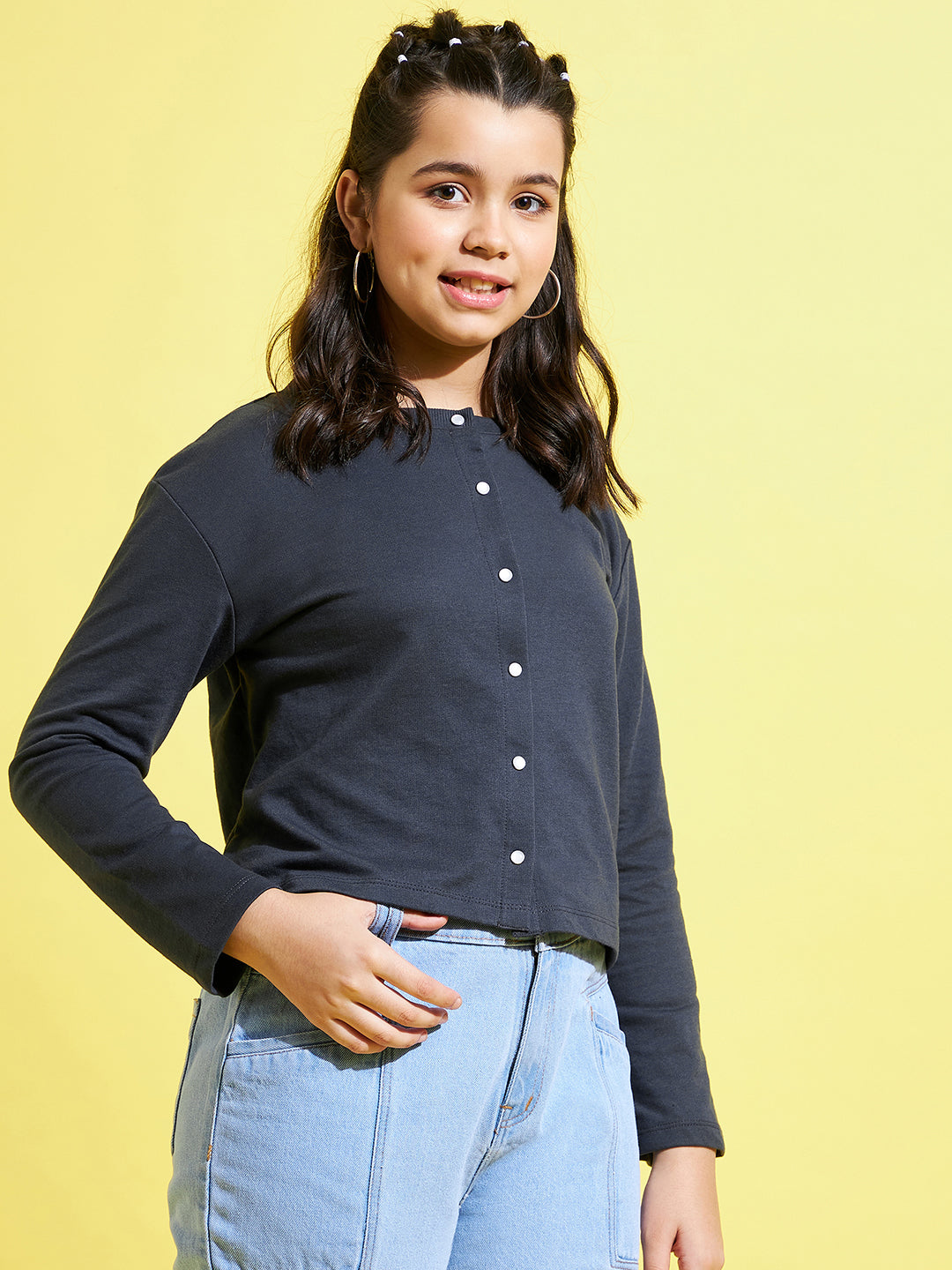Girls Navy Terry Front Button Boxy Top - Lyush Kids