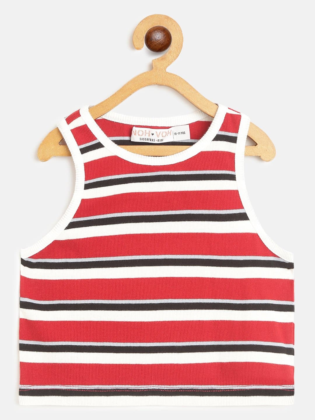 Girls Red Multicolor Stripes Sleeveless Crop Rib Top - Lyush Kids
