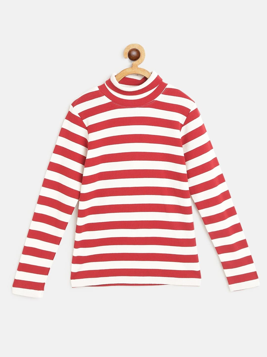 Girls Red & White Stripes Full Sleeve High Neck Rib Top - Lyush Kids