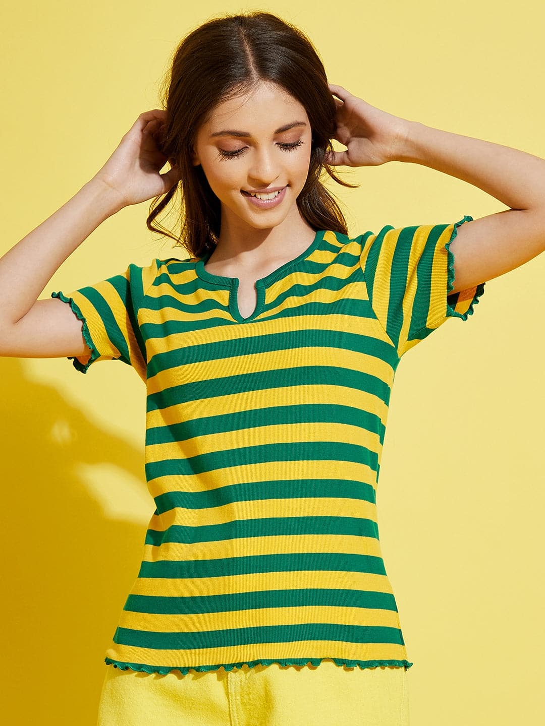 Girls Green & Yellow Stripes Rib V-Neck Top - Lyush Kids