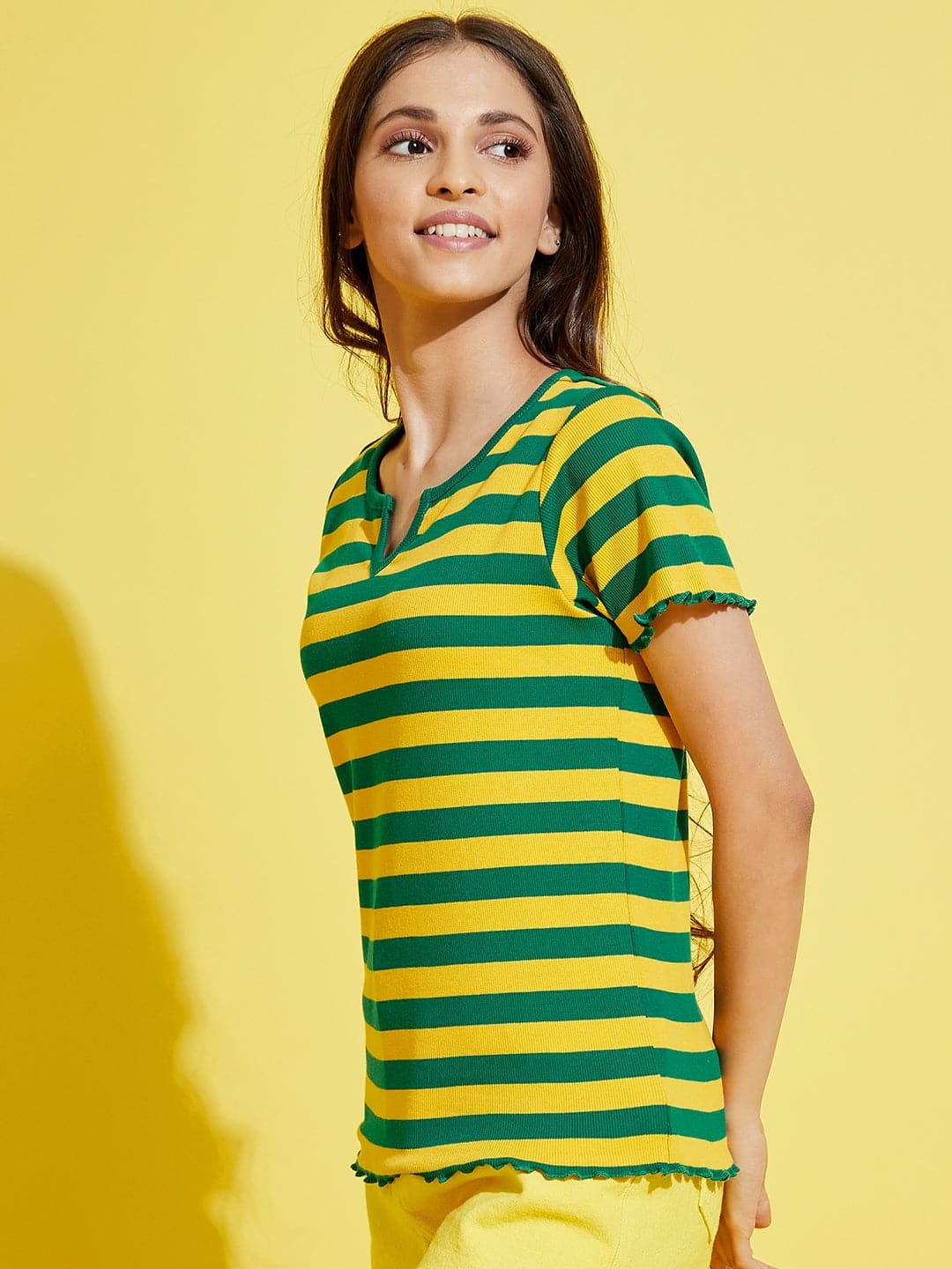 Girls Green & Yellow Stripes Rib V-Neck Top - Lyush Kids