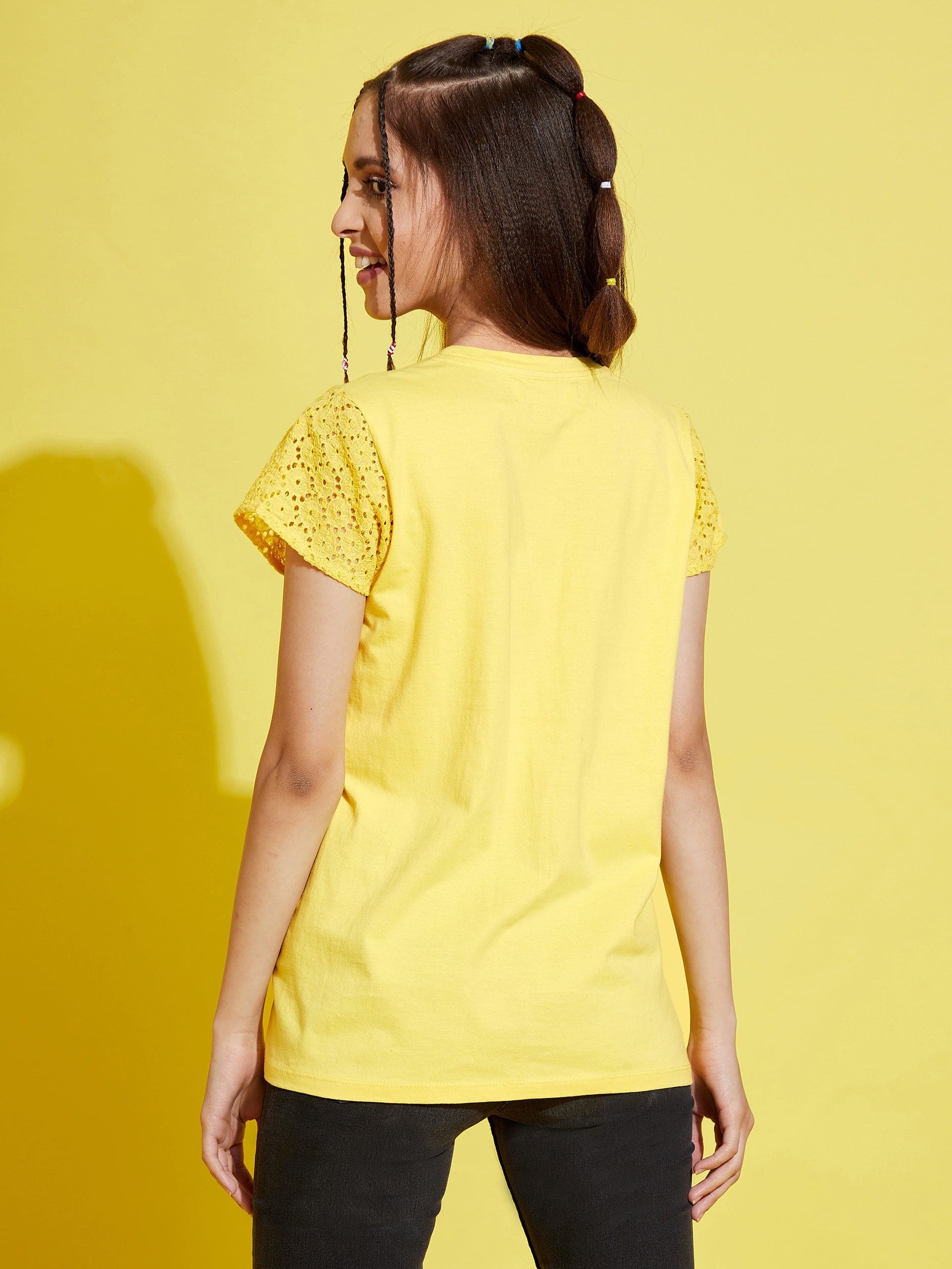 Girls Yellow Schiffli Detail T-Shirt - Lyush Kids