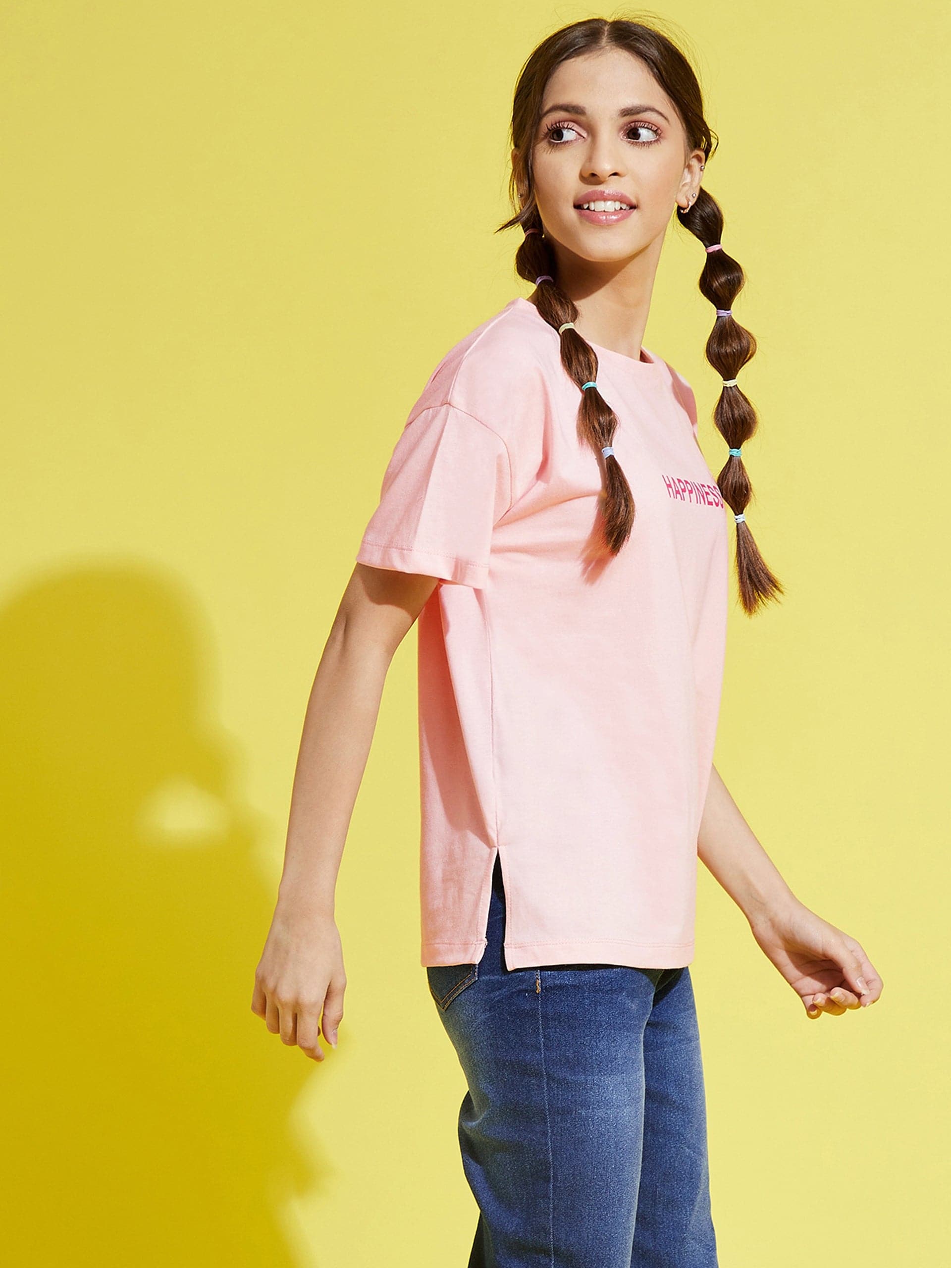 Girls Pale Pink Happiness Drop Shoulder T-Shirt - Lyush Kids