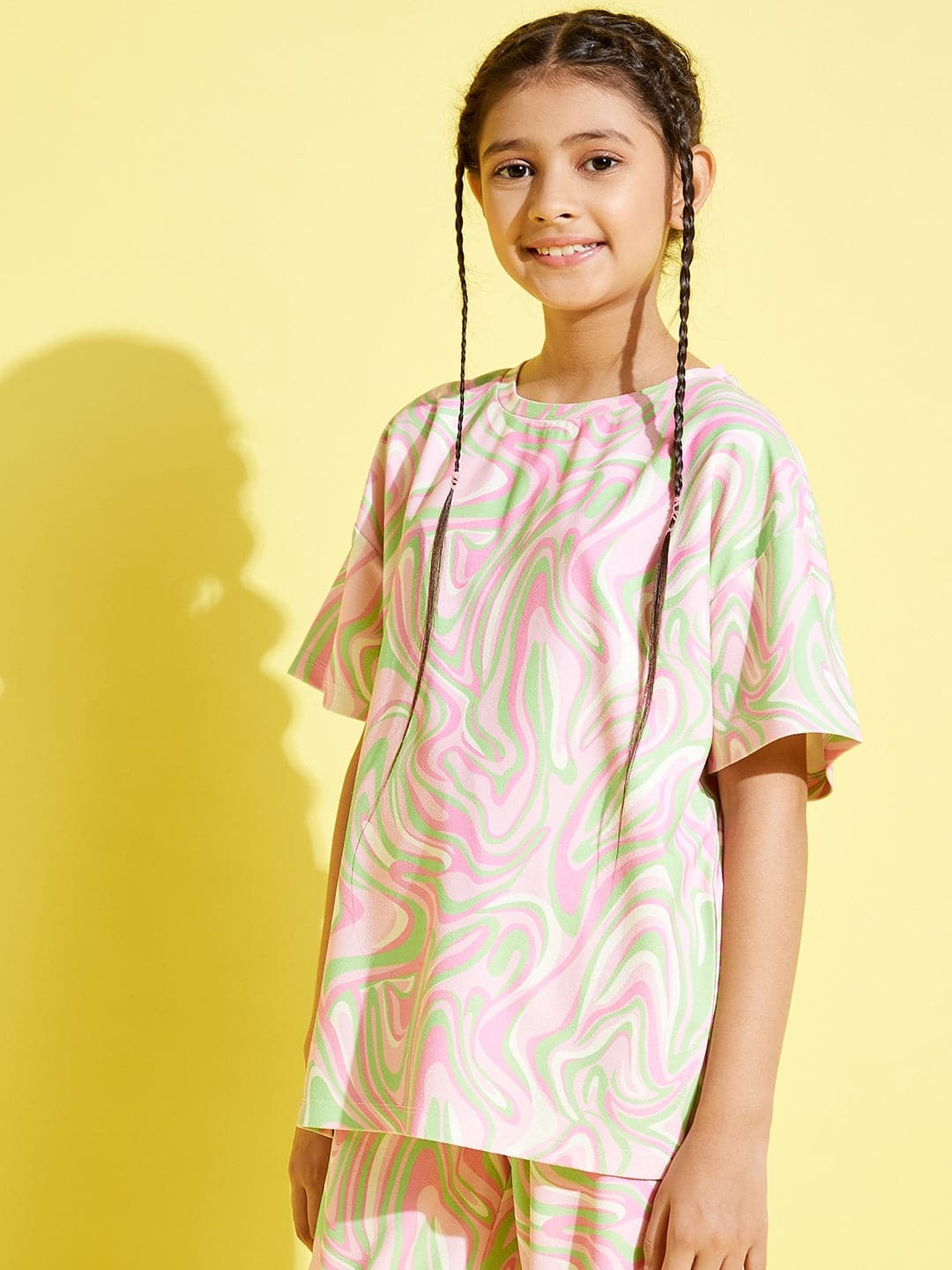 Girls Pink & Green Abstract Waves Knit Drop Shoulder Top - Lyush Kids
