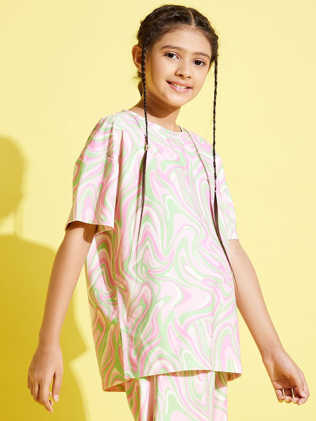 Girls Pink & Green Abstract Waves Knit Drop Shoulder Top - Lyush Kids