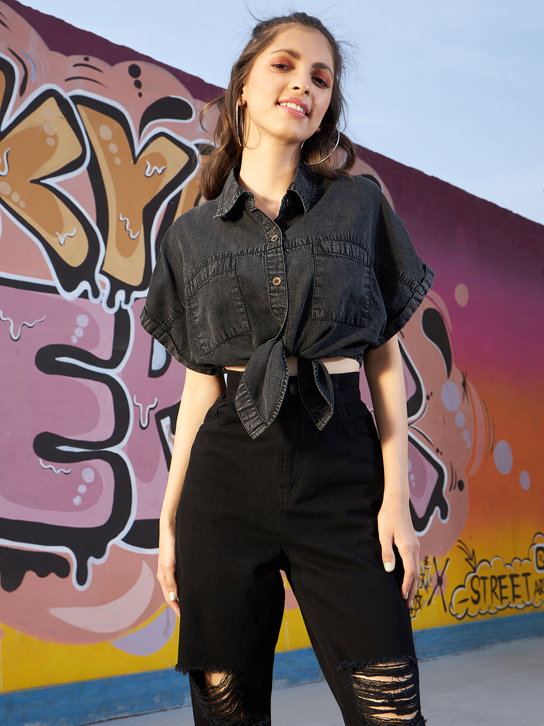 Black Denim Shirt For Girls Girls Black Tencel Crop Oversized