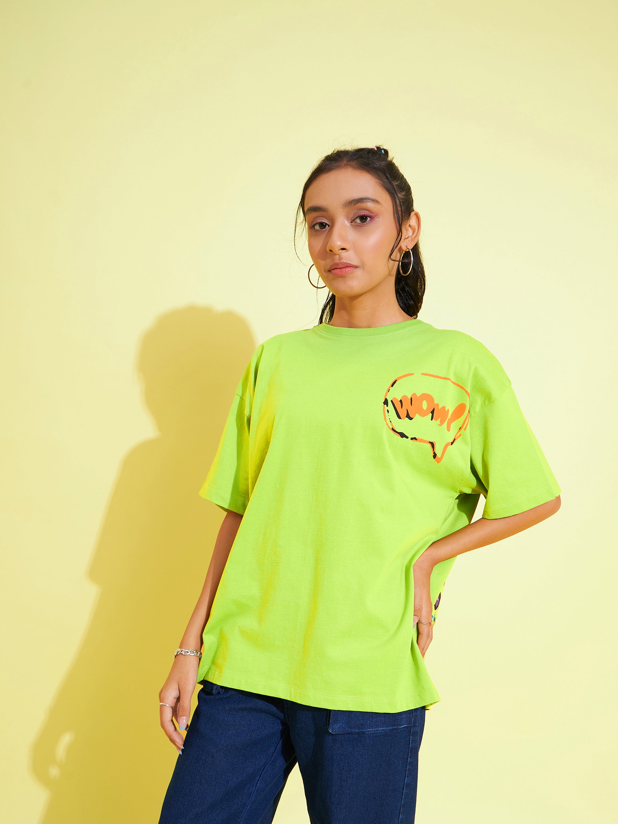 Girls Green Wow Print Oversized T-Shirt - Lyush Kids