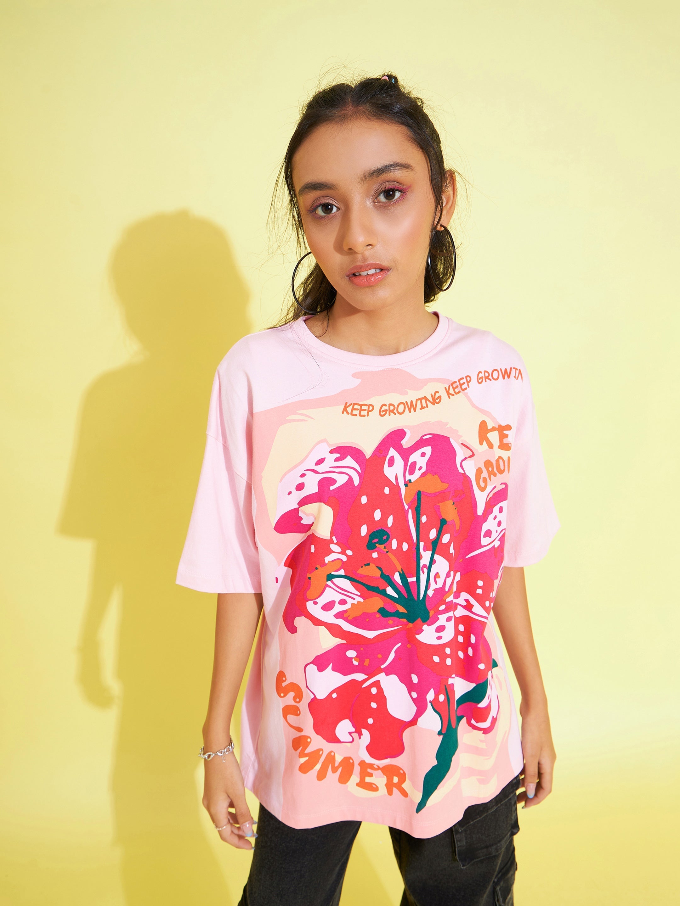 Girls Pink Floral Print Oversized T-Shirt - Lyush Kids