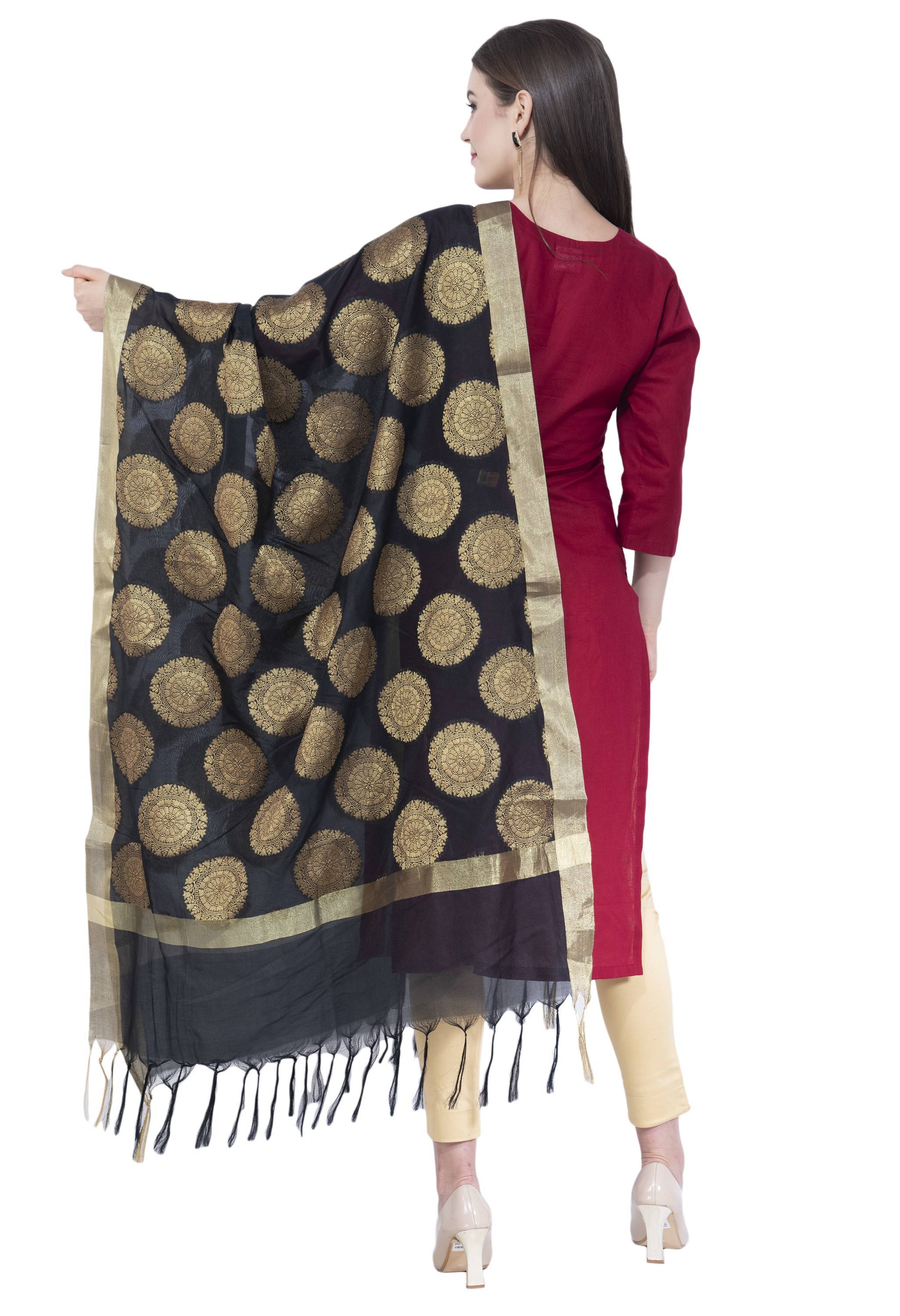 A R Silk Women's Zari Embroidery Vanarsi Silk Black Dupattas and Chunnis