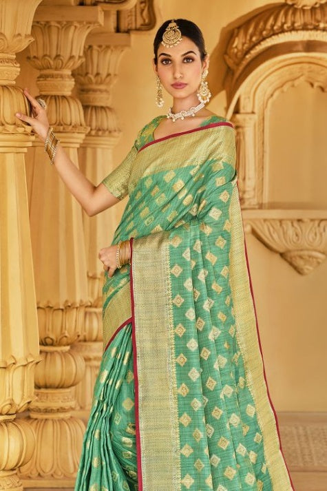 Women's Green Cotton Saree - Karagiri
