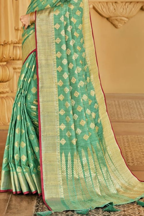 Women's Green Cotton Saree - Karagiri