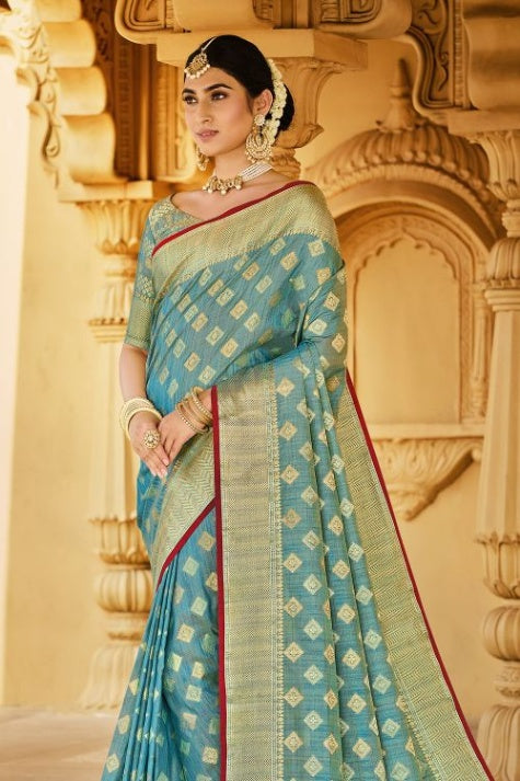 Women's Light Blue Cotton Saree - Karagiri
