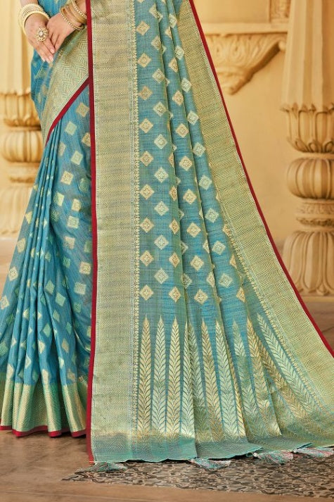 Women's Light Blue Cotton Saree - Karagiri