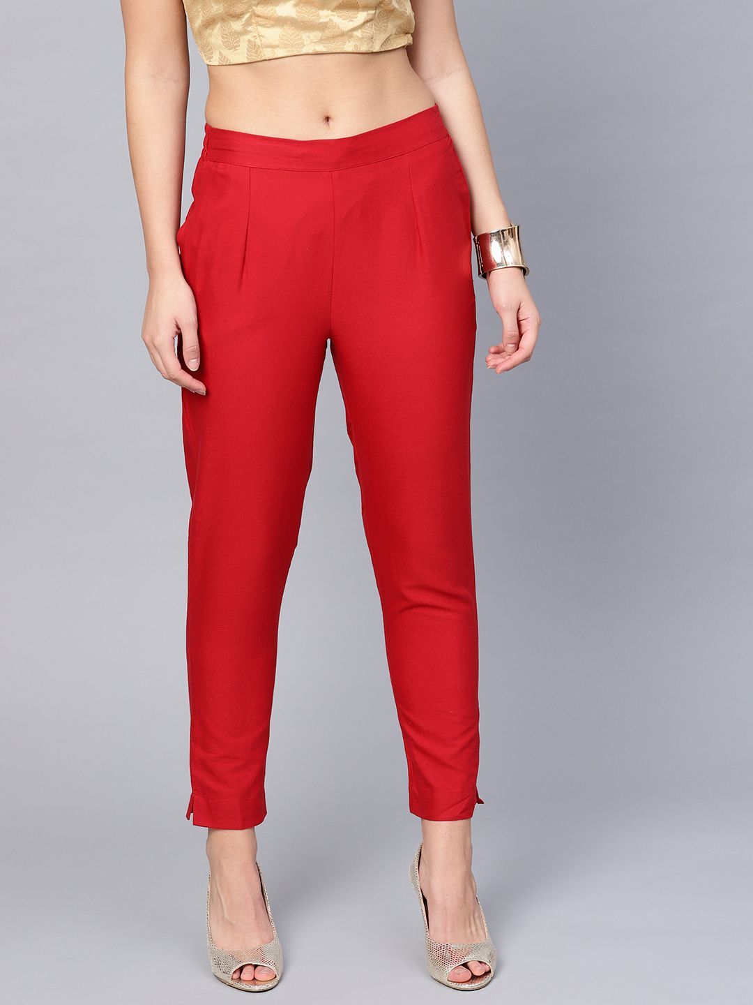 Women's Red Cotton Solid Cigarette Pants - Juniper