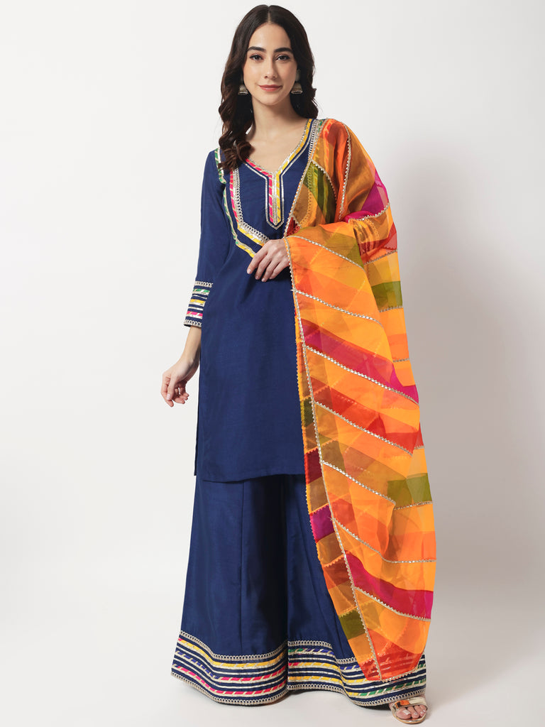 Women's Charming Navy Kurti With Kalidaar Palazzo And Designer Organza Dupatta