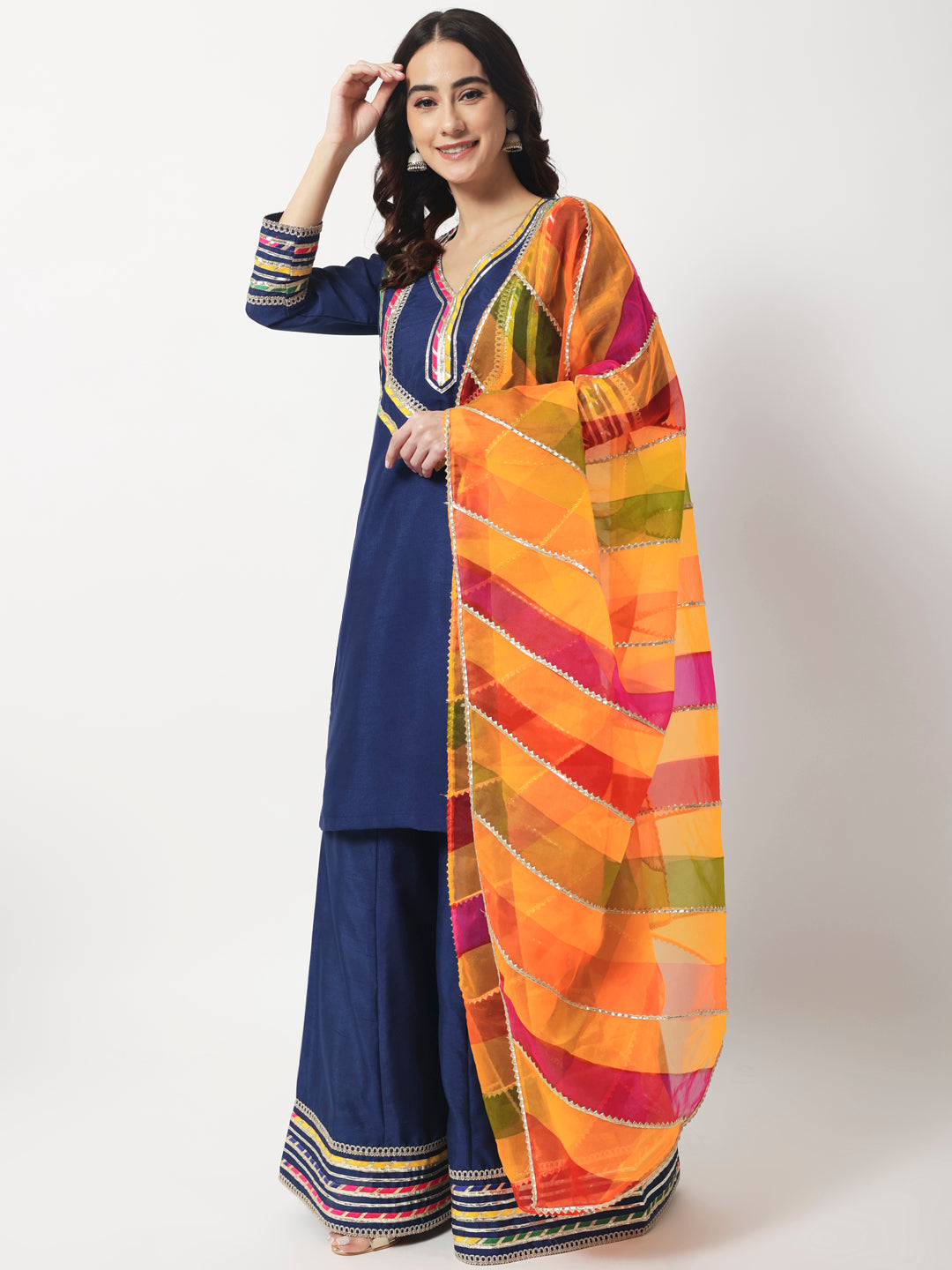 Women's Charming Navy Kurti With Kalidaar Palazzo And Designer Organza Dupatta