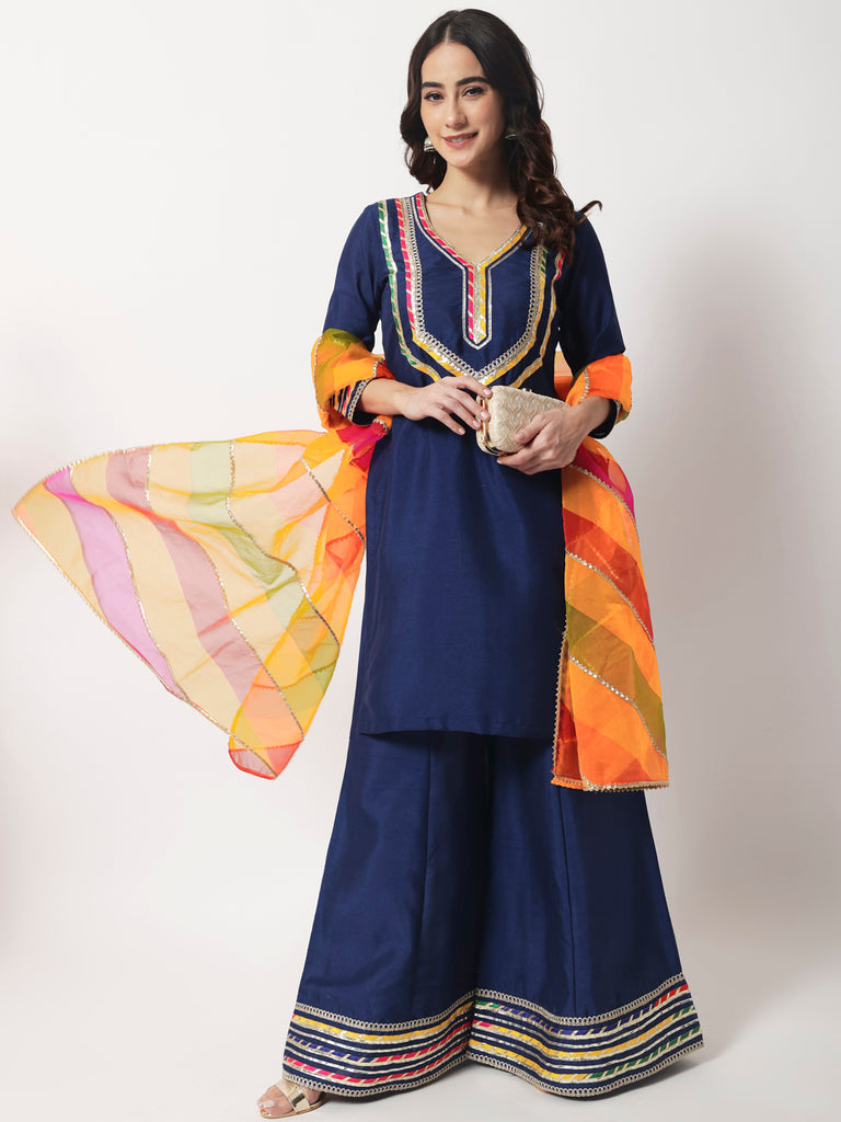 Women's Charming Navy Kurti With Kalidaar Palazzo And Designer Organza Dupatta