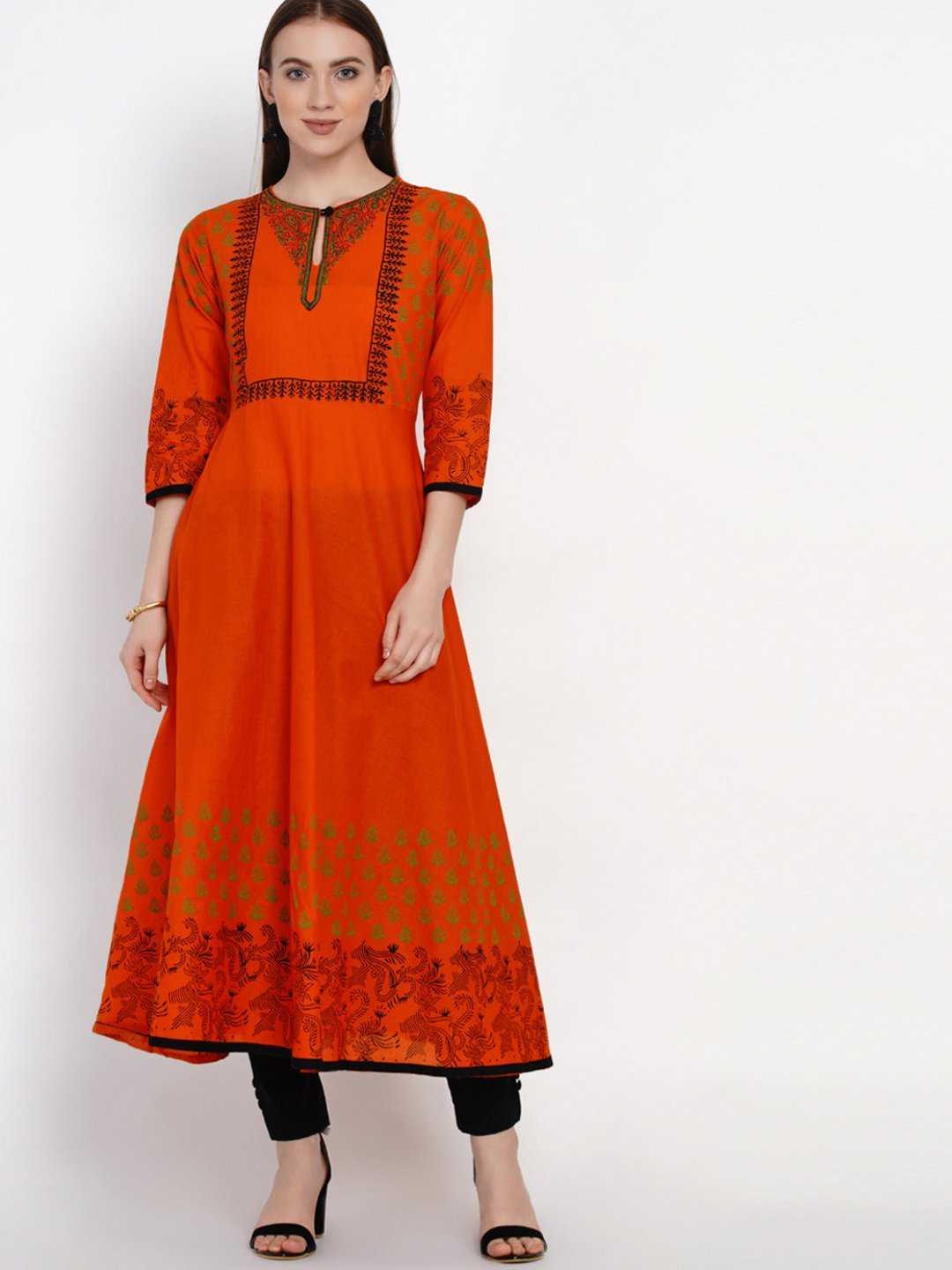 Women's Orange And Black Ajrakh Hand Block Cotton Printed Anarkali - Wahe-Noor