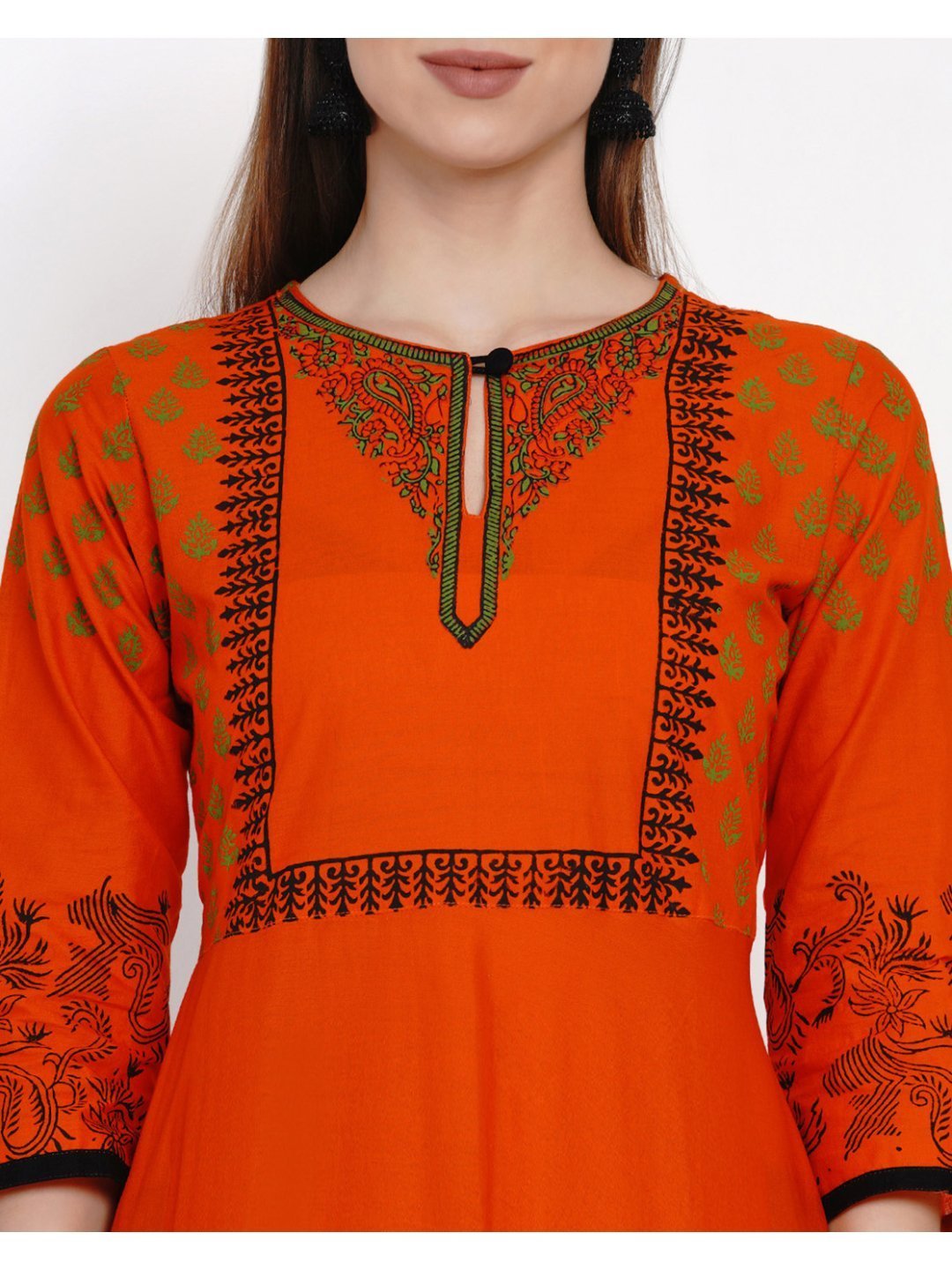 Women's Orange And Black Ajrakh Hand Block Cotton Printed Anarkali - Noz2Toz