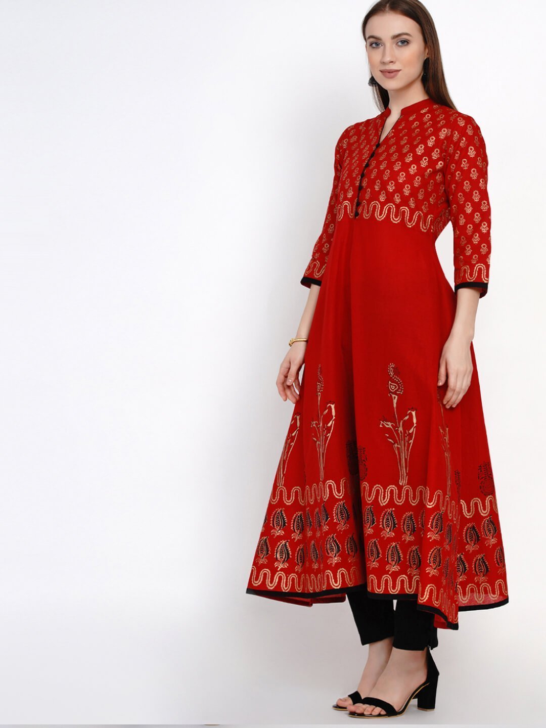 Women's Golden And Red Anarkali With Ajrakh Hand Block Print - Noz2Toz