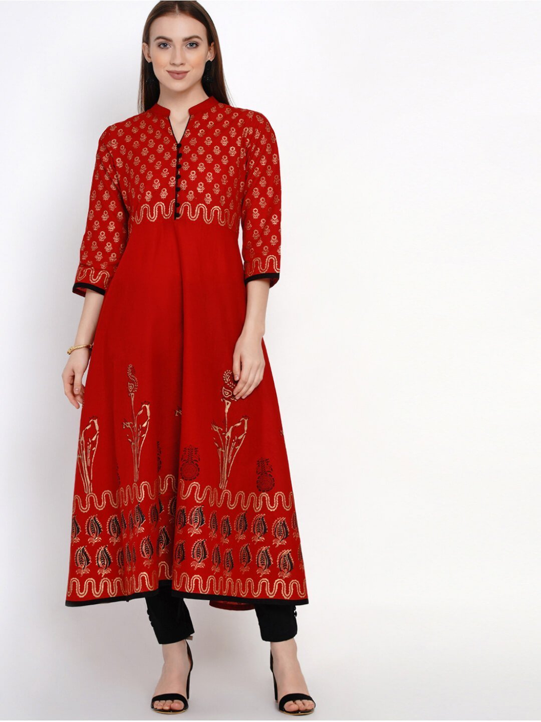 Women's Golden And Red Anarkali With Ajrakh Hand Block Print - Noz2Toz