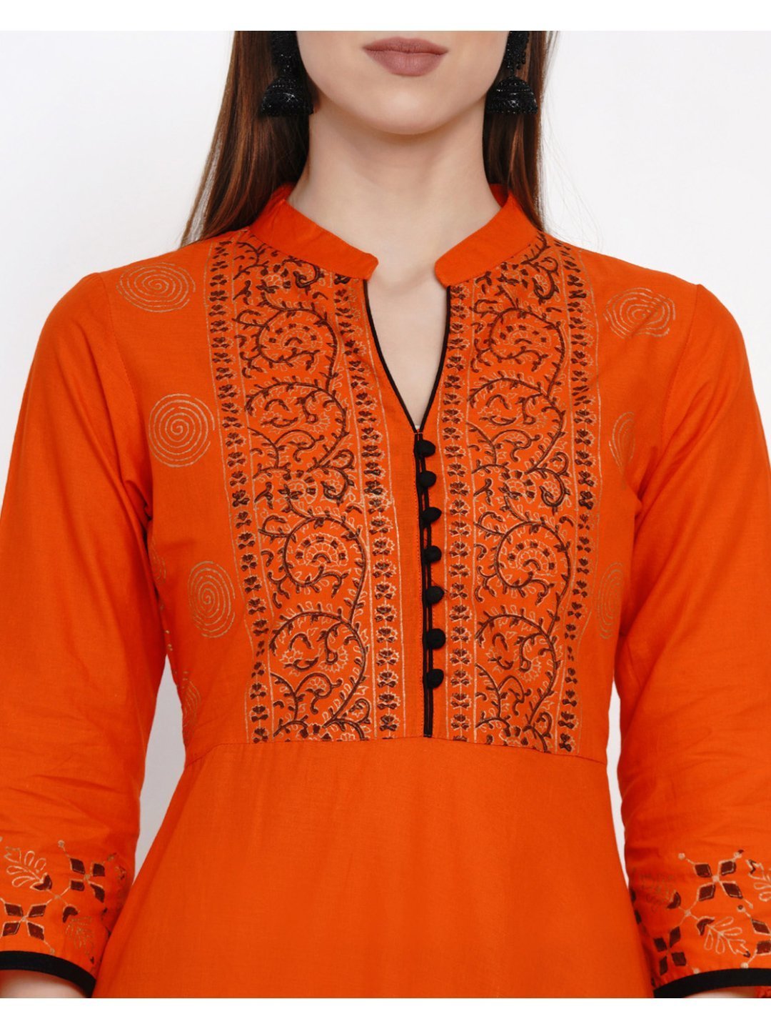 Women's Orange Festive Ajrakh Hand Block Cotton Printed Anarkali - Noz2Toz