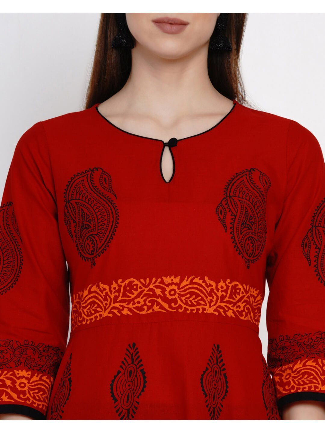 Women's Dark Red Festive Ajrakh Hand Block Cotton Printed Anarkali - Noz2Toz