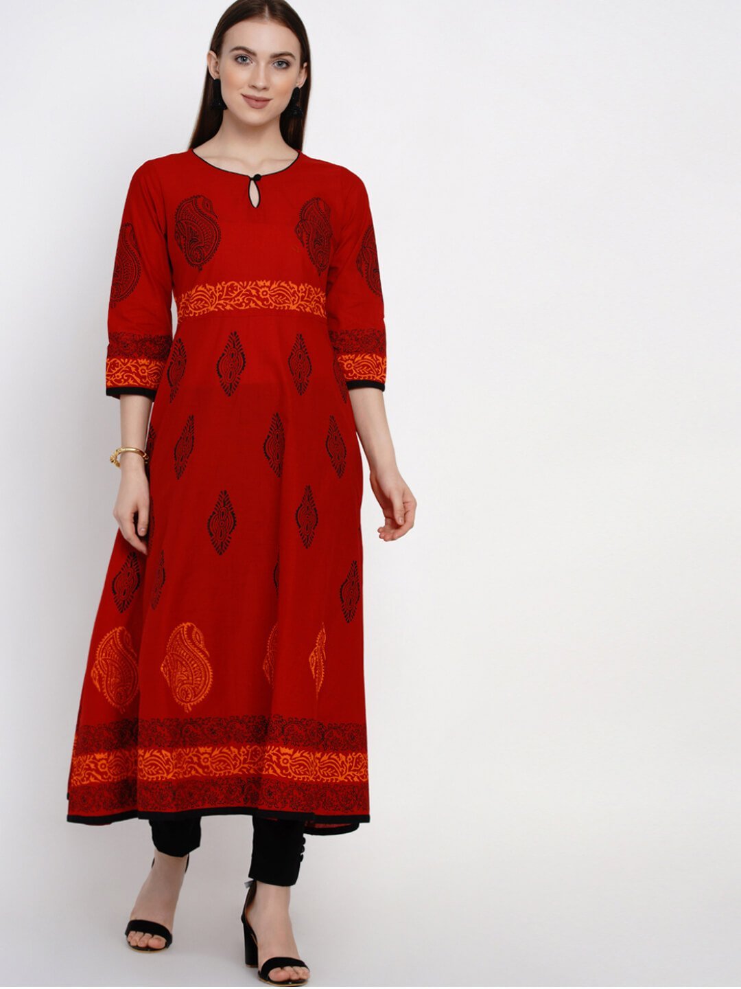 Women's Dark Red Festive Ajrakh Hand Block Cotton Printed Anarkali - Wahe-Noor