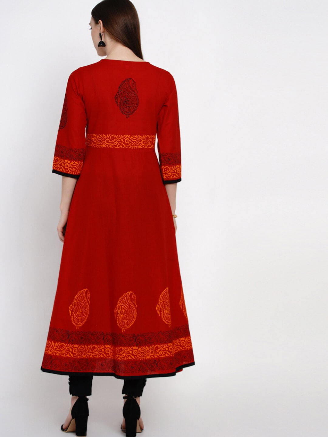 Women's Dark Red Festive Ajrakh Hand Block Cotton Printed Anarkali - Wahe-Noor