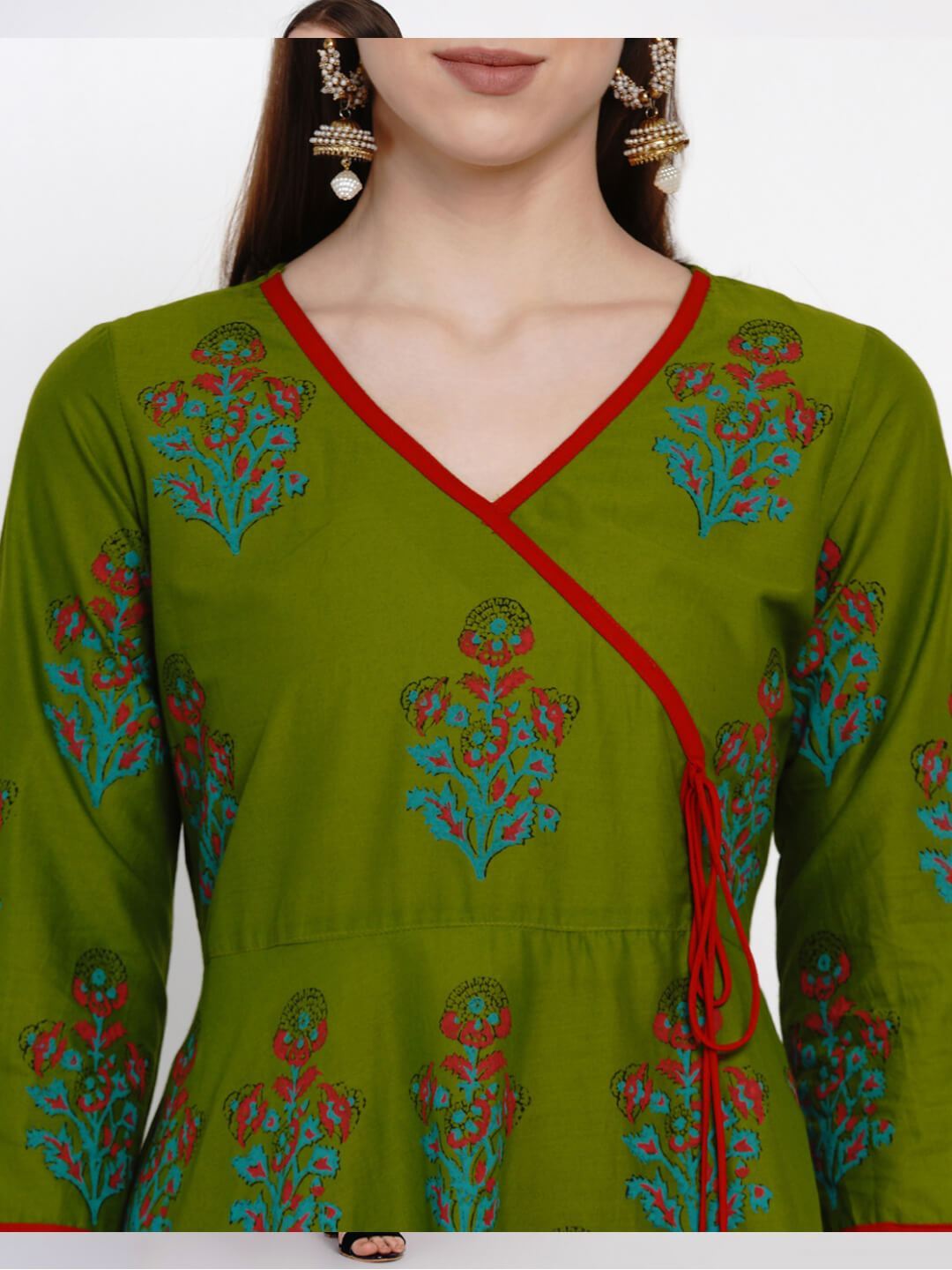 Women's Green Overlap Cotton Anarkali With Ajrakh Hand Block Print - Wahe-Noor