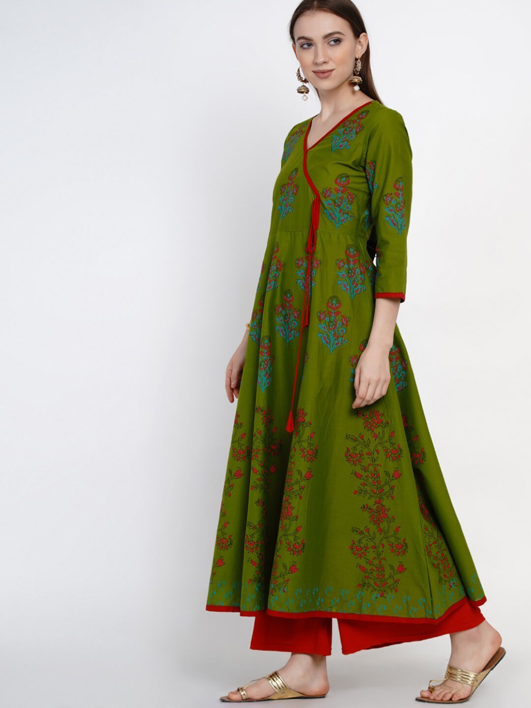 Women's Green Overlap Cotton Anarkali With Ajrakh Hand Block Print - Noz2Toz