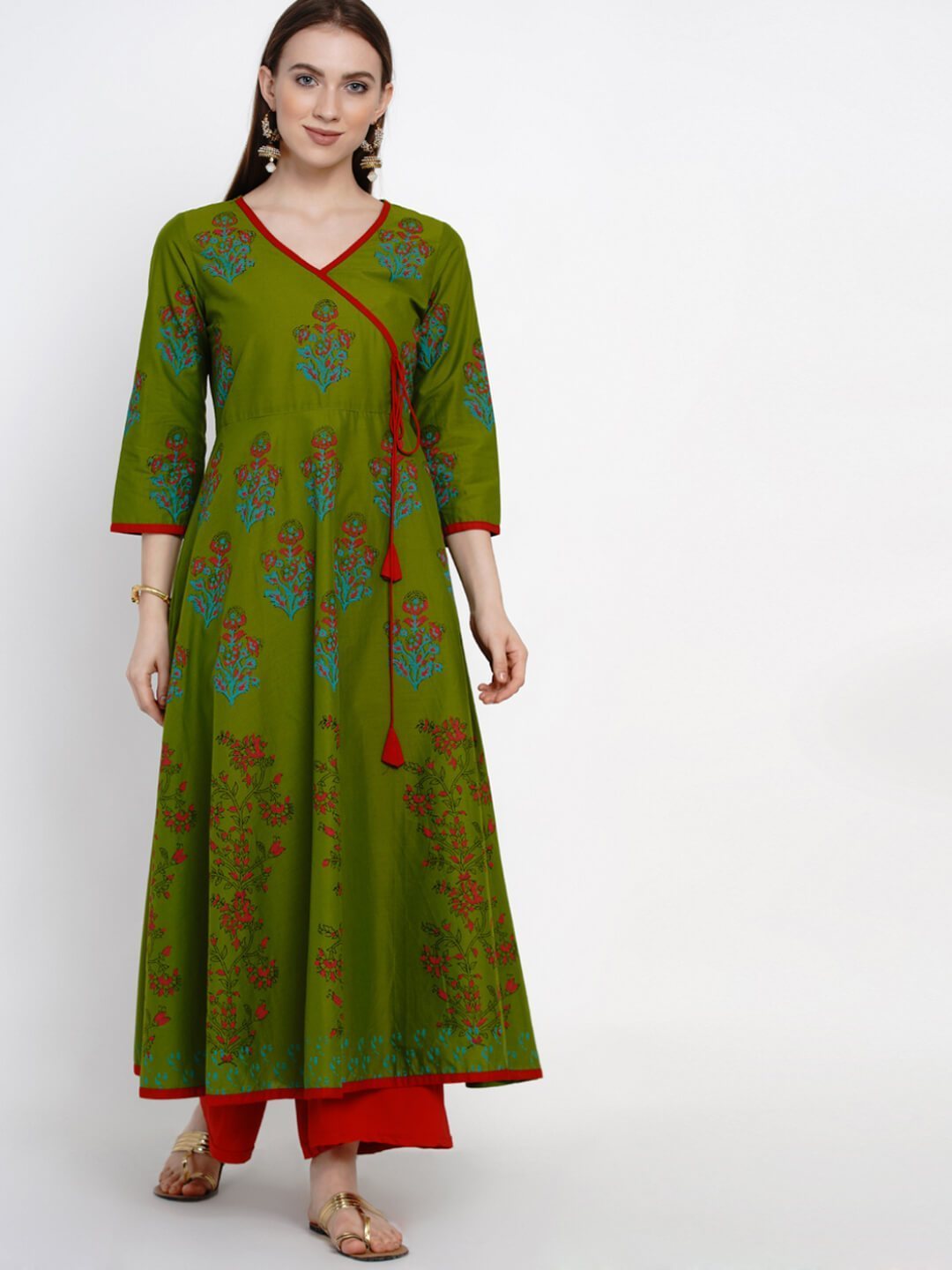 Women's Green Overlap Cotton Anarkali With Ajrakh Hand Block Print - Noz2Toz