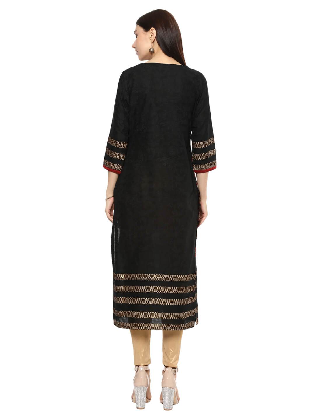 Women's Black Ajrakh Hand Block Cotton Printed Straight Kurta With Overall Print - Wahe-Noor