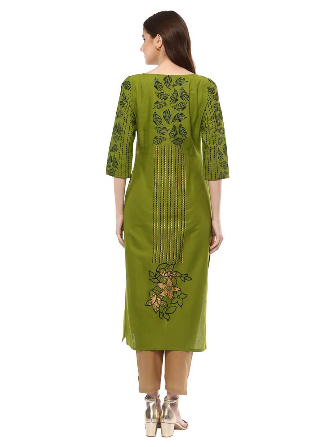 Women's Turtle Green Ajrakh Hand Block Cotton Printed Straight Kurta  - Noz2Toz
