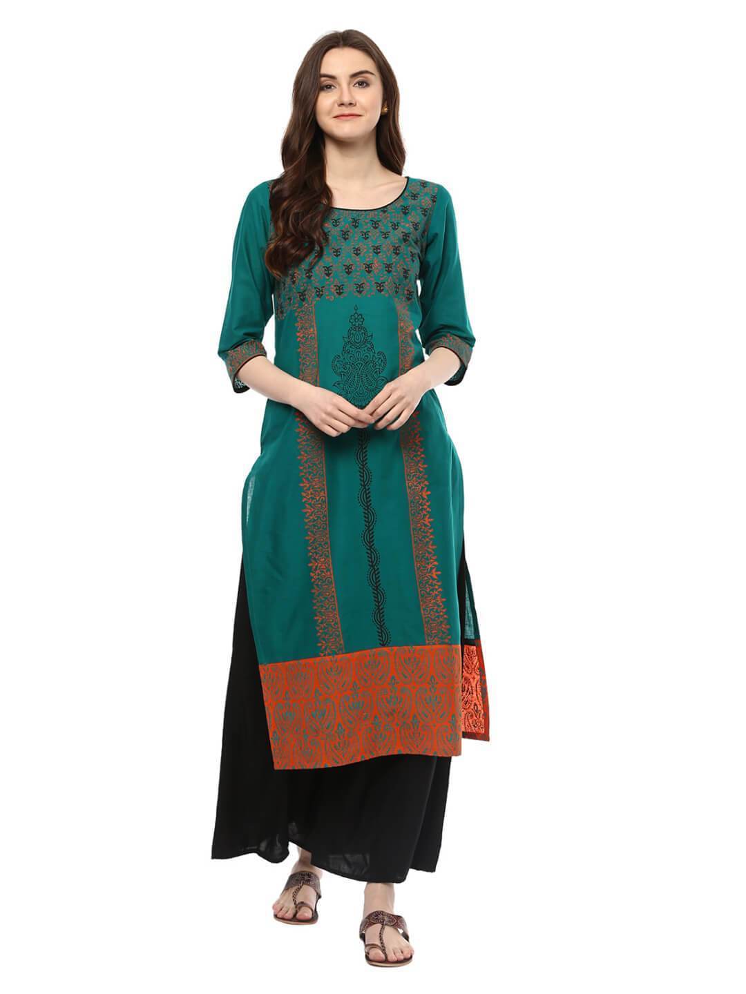 Women's Peacock Blue Ajrakh Hand Block Cotton Printed Straight Kurta